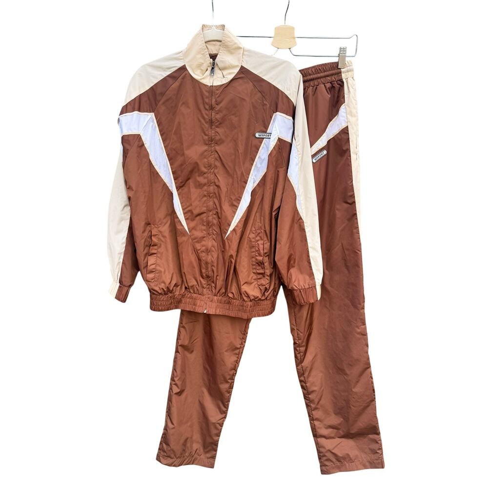 WAYDAMIN SPORT Brown Nylon Track Jacket Windbreaker Track Pants Set XS